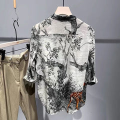 Threebooy Mens Shirt Printed Animal Ink Painting Thin Shirt Summer Men's Short Sleeved Casual Shirt Handsome Blouse Men's Clothing