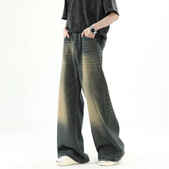 Threebooy Men Denim Pants Old Blue Washed Male Jeans Straight Casual Menwear Loose Wide Leg Trousers New Fashion Korean High Street Denim