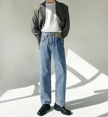 Threebooy Minimalist Style High-end Jeans Men's Trousers Solid Color Loose Straight Denim Pants Male Draped Dark Blue Trousers