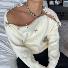 Threebooy Mens Sweater Sexy Buckle Off-Shoulder Sweater Streetwear Fashion Youth Campus Versatile Long-Sleeved Top Men'S Clothing New
