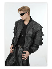 Threebooy Men's Cascading Faux Leather Cropped Coat