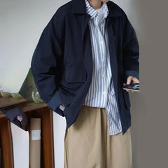 Threebooy Spring And Autumn Fashion Casual Loose Retro Jacket Unisex Solid Color Lapel Basic Versatile Functional Jacket Coat For Men