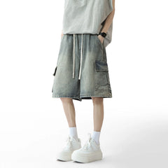 Threebooy Mens Denim Shorts Washed Cargo Drawstring waist Jorts Multi Pocket Workwear Casual Side Large Pockets Stretchy Waistband Outdoor