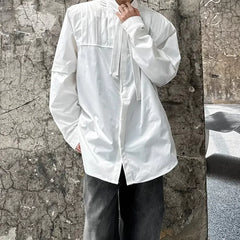 Threebooy Mens Shirt Ribbon Casual Pleated Shirt Autumn Streetwear Fashion Personality Niche Thin Long-Sleeved Top Men'S Clothing