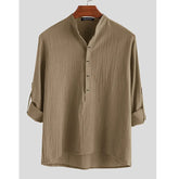 Threebooy All Seasons Men's Casual Loose Cotton Hemp Long Sleeve Shirt
