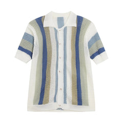 Threebooy New Trend Men Striped Cardigan Tops Vintage Light Luxury Hollow Out Knitted Shirts Lazy Style Summer Casual Short Sleeve Blouse
