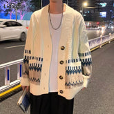 Threebooy New Autumn and Winter Fashion Academy Style V-neck Printed Single Breasted Loose Casual Oversize Men's Sweater Cardigan