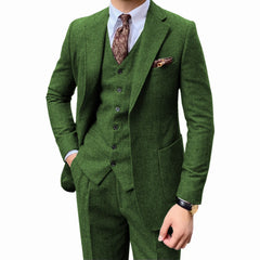 Threebooy Men's herringbone suit two-piece set Notched lapel One Button Herringbone one-breasted vest jacket Coarse woolen fabrics