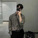 Threebooy Long shirt New Solid Loose Boyfriend Blouse Korean Shirt Men Gray White Black Turn Down Collar Casual Oversized Shirt Handsome