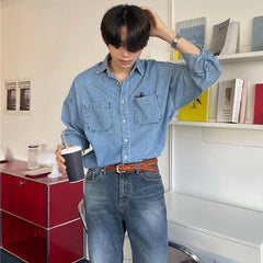 Threebooy Spring Clothing Men's Denim Long-sleeved Pocket Shirt Casual Korean Turn down Button Streetwear Light Luxury Stylish 2025 New