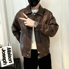 Threebooy Y2k Mens Leather Jacket Zipper Pocket Solid Color Leather Jacket Autumn Casual Slim Fit Thick Top Men's Clothing Unisex