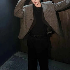 Threebooy Winter Male Faux Two-Piece Long-Sleeved Suit Jacket American Retro Fashion Trendy High Street Casual Loose Niche Men's Top