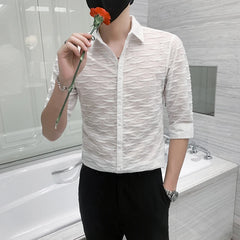 Threebooy High Quality for Men Lace Hollow Out Shirts/Male Slim Fit Lapel Casual Business Sexy Long Sleeve Shirts Plus Size S-4XL