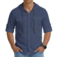 Threebooy New Mens Casual Linen Shirt Long Sleeve Henley Shirts Summer Beach Hawaiian T Shirts for Men Sport Lightweight Button Hooded Tee