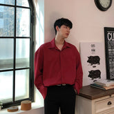 Threebooy Double Collar Long Sleeve Shirt Men White Shirt Vintage Wine Red Shirts Men Korean Comfortable Blouse Casual Loose Lapel Shirt