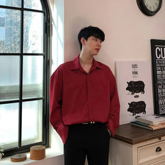 Threebooy Double Collar Long Sleeve Shirt Men White Shirt Vintage Wine Red Shirts Men Korean Comfortable Blouse Casual Loose Lapel Shirt