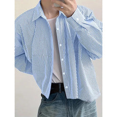 Threebooy New Japanese Trendy Men Shirts Light Luxury Textured Lapel Striped Long Sleeve Cardigan Tops Leisure Premium Loose Blouse M-2XL