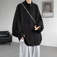 Threebooy Spring Cardigan Coat Mens Knitted Sweater Stand Collar Loose Fit Big Tall Plus Size Solid Color Casual Outwear Fashion