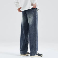 Threebooy Classic Men's Loose Jeans Korean Style Baggy Straight Wide Leg Pants Lightning Pattern Hip-Hop Street Men's Pants