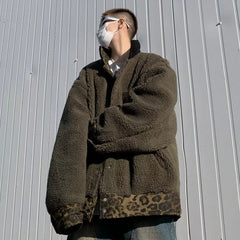 Threebooy Leopard Padded Jacket Men Winter Trendy Double-sided Imitation Sherpa Coat American Animal Print Warm Parkas Hip Hop