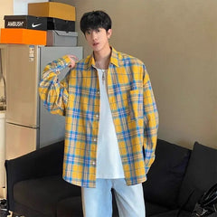 Threebooy Casual Yellow Plaid Long-sleeved Lapel Shirt Versatile Loose Jacket for Men and Women Couples