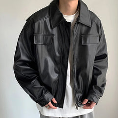 Threebooy Men's Casual Texture PU Leather Jacket High Street Zippers Turn-down Collar Long Sleeve Retro Coat with Pocket Autumn