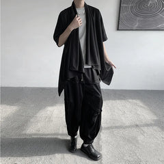 Threebooy Summer Japanese Darkness shirt Man Cardigan Harajuku Woman Black Coat Cloak Beach Shirt Obi Streetwear Loose Thin Outer