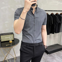 Threebooy Brand Clothing Men's Summer Leisure Stripe Short Sleeve Shirts/Male Slim Fit Business Lapel Shirts Black White S-5XL