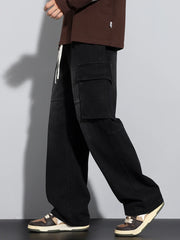 Threebooy New Men's Baggy Straight Cargo Jeans Elastic Waist Vintage Blue Black Smoky gray Denim Pants Fashion High Street Male Trousers