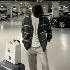 Threebooy Trendy Cardigan Men's Korean Version British Checkered Striped Sweater Men's V-neck Sweater Jacket