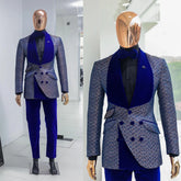 Threebooy Luxury Men's Suit 2 Pieces Jacquard Blazer Pants One Button Velvet Wide Lapel Formal Business Slim Wedding Groom