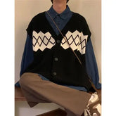 Threebooy Autumn New Preppy Vest American Retro Japan College Knitted Sweater Vest Jacket Men's Cardigan Diamond Embroidery Sweater Chic