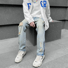 Threebooy Hole Ripped Washed Vintage Men Hip Hop Jeans Trousers West Ankle Zipper Punk Distressed Male Denim Pants