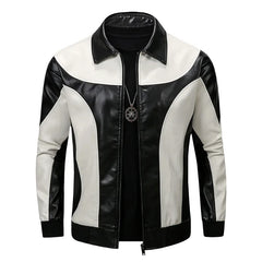 Threebooy Men's leather jacket, new men's PU motorcycle suit jacket, color blocked fashionable leather jacket for men