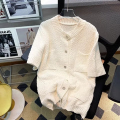 Threebooy Men's Clothing Leisure Luxury Knitted Shirt Harajuku Fashion Solid Color Short Sleeve Button-down Korean Popular Knitwear Summer
