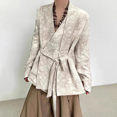 Threebooy Mens Suit Jacket Jacquard Belt Elegant Apricot Suit Neutral Chinese Style Retro Court Style Casual Long-Sleeved Top Unisex