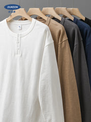 Threebooy 320G Heavyweight 100% Cotton Henley Neck T Shirt for Men Long-Sleeved Spring Autumn Casual Tops Solid Color Undershirts