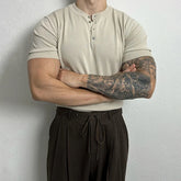 Threebooy New Fashion Men Henry Collar T-Shirt Leisure Luxury Knit Short Sleeve Tops Korean Style Summer Stretchy Breathable Fitness Tees