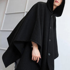Threebooy Mens Dark Style Mid-Length Casual Hooded Cape Autumn And Winter Genderless Fashion Retro Loose Solid Color Shawl Cape Unisex