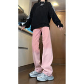 Threebooy Pink jeans Unisex American Style Men' Denim Pants Casual Multi-level Patchwork Straight Loose Wide Leg Male Jeans New Chic