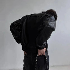 Threebooy Y2k Mens Leather Jacket Pocket Shoulder Pads Motorcycle Leather Jacket Autumn Cold Windproof Jacket Men's Clothing Unisex