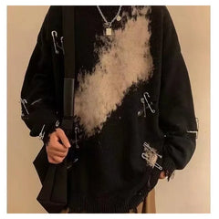 Threebooy Korean style Retro Worn-out Sweater For Men With Of Design Clip Loose Fit Trendy Winter Streetwear Knitwear Fashion