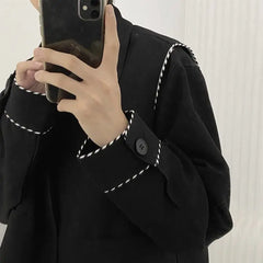 Threebooy Fashion Black Stitching Jacket Men's Buttons Spring Autumn New Loose Turndown Collar Single-breasted Long Sleeves Tops Jackets
