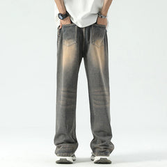 Threebooy American Style High Street Vintage Washed Ripped Jeans Men with Loose Hanging Feel Straight Leg Wide Leg Pants