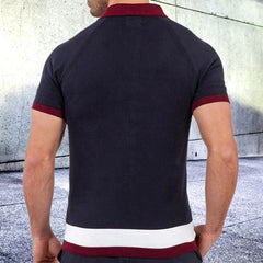 Threebooy Men's Light Luxury Business Knitted Polo Shirt Leisure Turn Down Collar Button Short Sleeve Shirts Breathable Patchwork Knitwear