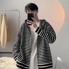 Threebooy Autumn Clothing Men's Light Luxury Knitted Hooded Cardigan Sweatercoat Korean Vintage Zipper Long Sleeve Hoodie Knitwear New