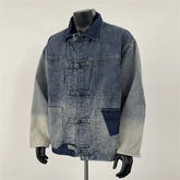 Threebooy Men Denim Jacket Lapel Collar Mandarin Button Ombre Gradient Color Casual Streetwear Trendy chinese Vintage Outerwear Fashion