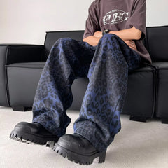 Threebooy Y2K Fashion Blue Leopard Straight Baggy Jeans Pants For Men Clothes Wide Leg Long Trousers