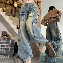 Threebooy Design sense high street American retro work pants men's autumn new style wide leg jeans loose pants