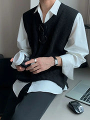 Threebooy V Neck Sweater Man Blue Waistcoat Jumpers Loose Knit Vests for Men High Quality Elegant Vintage Y2k Smooth Casual Korean Style